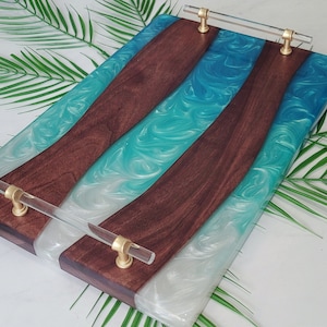 Walnut Wood with White & Teal Epoxy Resin River Charcuterie Board, Cheese Board, Handmade