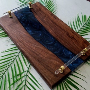 Walnut Wood with Navy Epoxy Resin River Charcuterie Board, Cheese Board