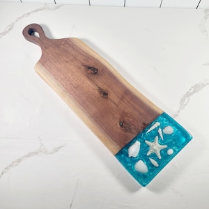 Walnut Charcuterie Board: Teal Epoxy Resin with Sea Shells