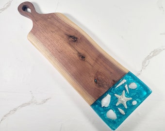 Large Walnut Cutting Board with Teal Epoxy with Sea Shells | Charcuterie Board | Cheese Board | Serving Board | Customizable |