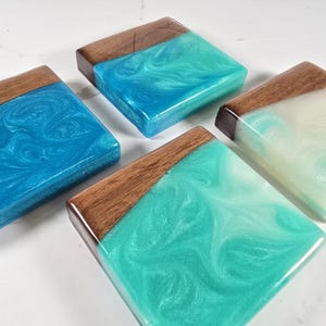 Epoxy Coasters | Walnut Wood with Bright Turquoise, Teal & White Epoxy | Set of 4 |