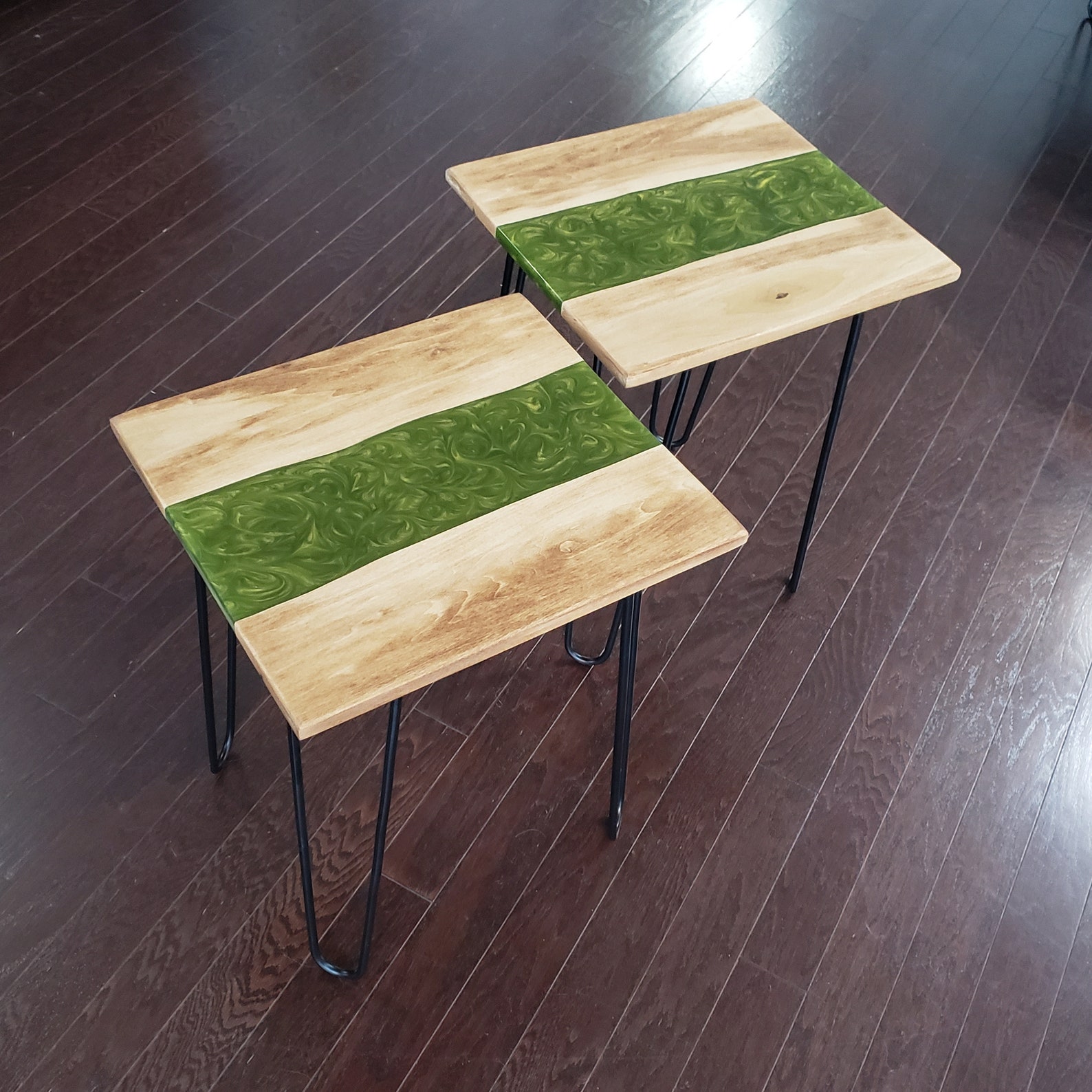 Green Epoxy River Side Tables End Tables With Black Hairpin Etsy