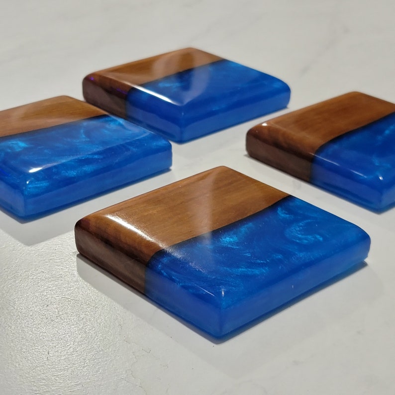 Epoxy Coasters Cherry Wood With Bright Blue Epoxy Set of 4 Etsy