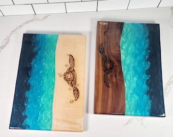 Epoxy River Charcuterie Board: Walnut & Maple, Sea Turtle Engraved