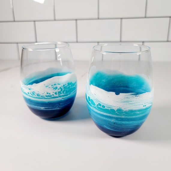 Resin Ocean Wave Stemless Wine Glass: 15oz Epoxy Coastal Decor
