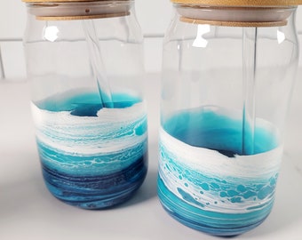 Resin Ocean Wave Glass Cup with Bamboo Lid & Glass Straw | 16 oz Can