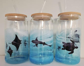 Resin Ocean Wave Glass Cup with Bamboo Lid & Straw | 16oz