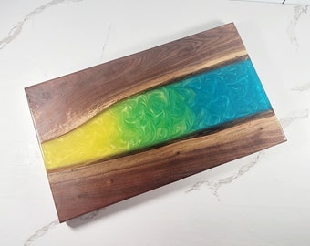 Large Walnut  Yellow/Green/Blue Epoxy Resin River Charcuterie Board | Cheese Board | Serving Board | Customizable | Personalization