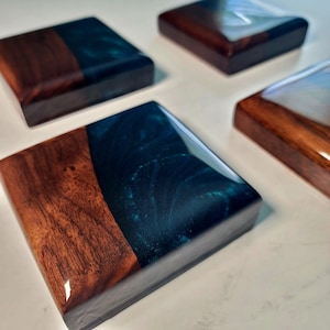 Epoxy Coasters | Walnut Wood with Dark Peacock Blue/Teal Epoxy | Set of 4 |