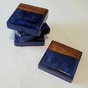 Epoxy River Coasters | Walnut Wood with Deep Royal Blue Epoxy | Set of 4 | Resin Coasters