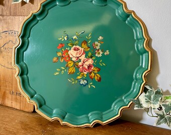 Vintage Round Scalloped Edged Sun Cloud Painted Tray | Teal Floral Metal Tray | Tea Tray | Deco Object | Handpainted Tray | Decorative Tray