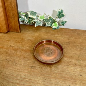 May include: A small, round copper-coloured coaster with a raised edge. The coaster features an embossed emblem in the centre. The coaster is sitting on a wooden surface.