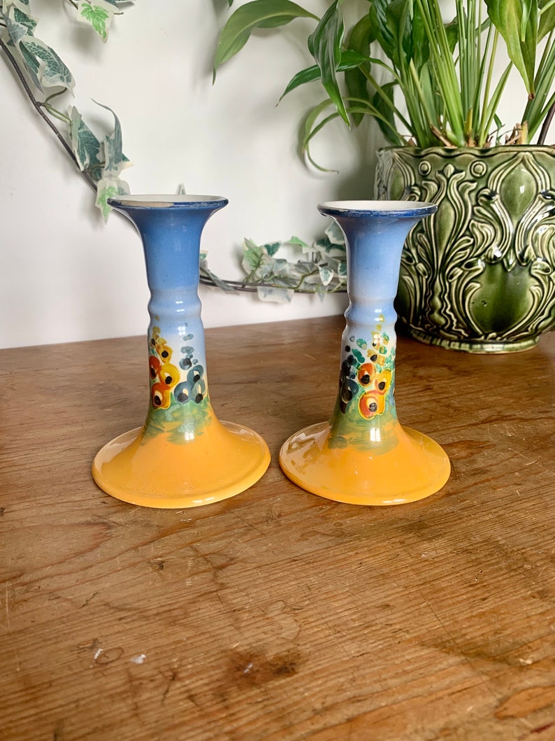 Pair of Vintage Pottery Candlesticks | Hand Painted Pottery Candle Holder | Vintage Mantlepiece Candlesticks | Pair of Pottery Candlesticks