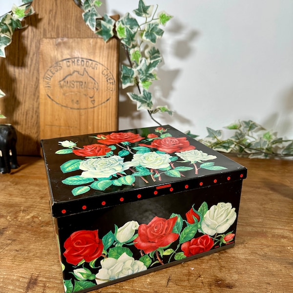 Vintage Square Biscuit Tin With Rose Design | Vintage Biscuit Tin | Collectable Household Tin | Vintage Storage Tin