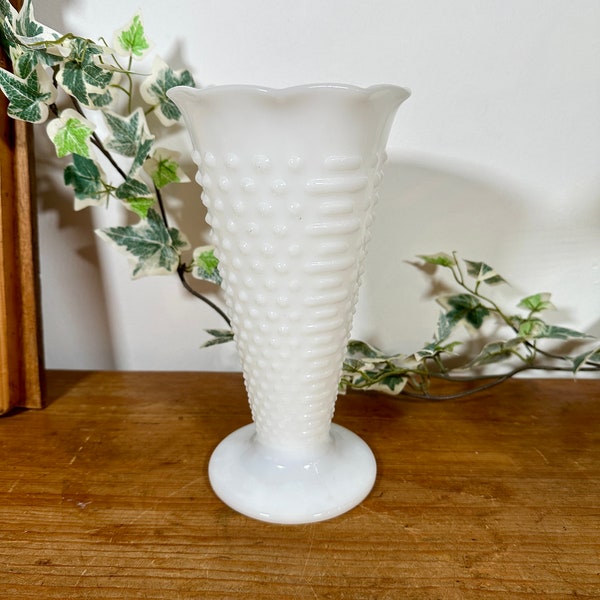 Vintage 1950’s Hobnail White Glass Vase  | Tall Milk Glass Vase | White Glass Vase | Flower Arranging Vase | Glass Vase