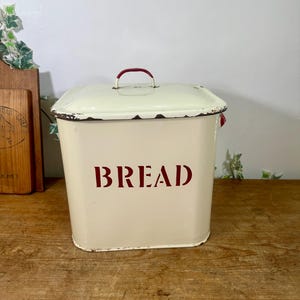 Vintage Enamel Bread Bin With Red Letters: Rustic Enamel Kitchenware