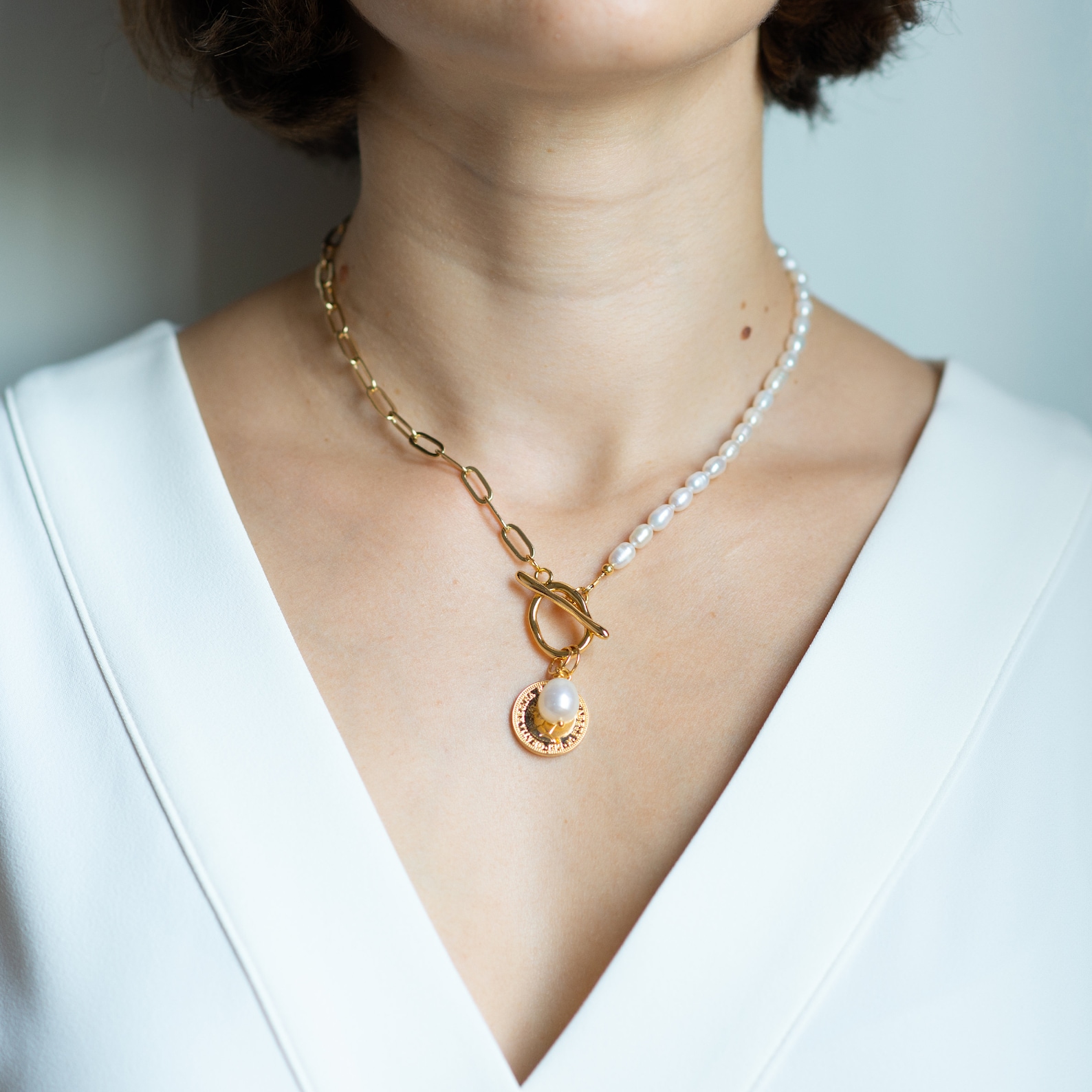 Half pearl half chain necklace with gold coin and white pearl Etsy