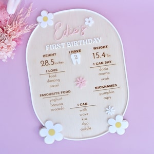 Tableau d'étapes pour le premier anniversaire de Marguerite - Tableau d'étapes personnalisé - Tableau pour le premier anniversaire - Thème Daisy