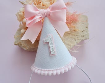Pink Bow Party Hat - Birthday Hat - Baby Girl Birthday Crown- Personalized Smash Cake- First Birthday Outfit accessory
