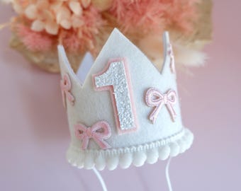 Handmade White Felt Birthday Crown – Pink Bows, Smash Cake Prop