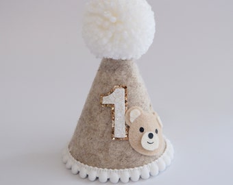 Beige flecked Bear First Party Hat - Bear First Birthday Hat - Beary First - Cake Smash - Teddy Bear