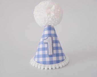 Blue Gingham Pattern Party Hat - Blue Gingham Pattern Birthday Hat - Birthday Party Hat - Party Hat - Cake Smash - Boho- First Birthday