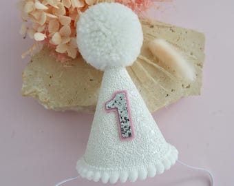 White Pink Sparkle Birthday Hat - White Pink Sparkle Party Hat - First Birthday - Birthday Party Hat - Party Hat - Cake Smash