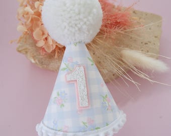Floral Gingham Party Hat - wildflower Birthday Hat - Birthday Party Hat - Party Hat - Cake Smash -