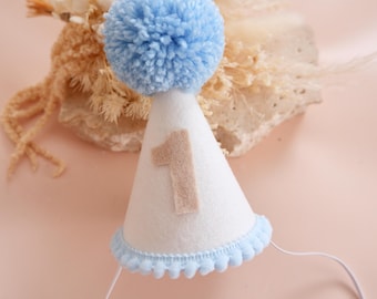 White Blue Felt Party Hat - White Blue Felt Birthday Hat - First Birthday - Birthday Party Hat - Party Hat - Cake Smash