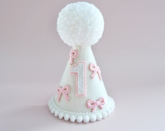 White Pink Bow Party Hat - White Pink Bow Birthday Hat - Birthday Party Hat - Party Hat - Cake Smash