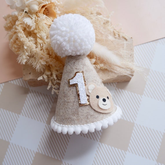 Beige flecked Bear First Party Hat - Bear First Birthday Hat - Beary First - Cake Smash - Teddy Bear