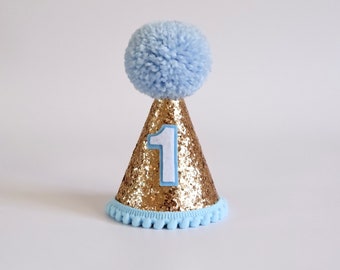 Gold Baby Blue Party Hat - First Birthday - Birthday Party Hat - Party Hat - Cake Smash