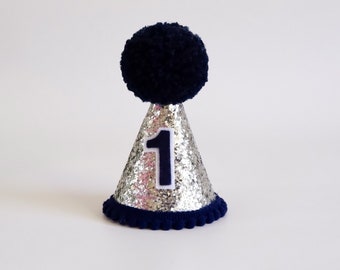 Navy Silver Party Hat - First Birthday - Birthday Party Hat - Party Hat - Cake Smash