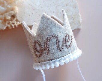 Beige One Embroidered Boho Birthday Crown - Boho Crown - First Birthday - Birthday Party Crown - Cake Smash