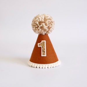 May include: A brown felt party hat with a white pom-pom on top and a gold glitter number "1" on the front. The hat has a white pom-pom trim around the bottom.