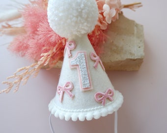 White Pink Bow Party Hat - White Pink Bow Birthday Hat - Birthday Party Hat - Party Hat - Cake Smash