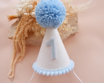 Blue White Felt Party Hat - White Blue Felt Birthday Hat - First Birthday - Birthday Party Hat - Party Hat - Cake Smash