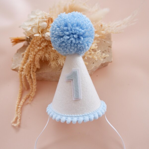 Blue White Felt Party Hat - White Blue Felt Birthday Hat - First Birthday - Birthday Party Hat - Party Hat - Cake Smash