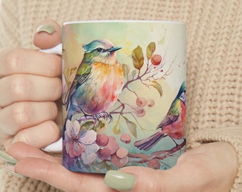 Bird Mug, Bird Coffee Mug, Flower Mug, Bird Lover Gift, Bird Watching Gift, Bird Nerd, Watercolor Bird, Birds Mug, Floral Mug, Nature Mug