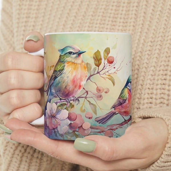 Bird Mug, Bird Coffee Mug, Flower Mug, Bird Lover Gift, Bird Watching Gift, Bird Nerd, Watercolor Bird, Birds Mug, Floral Mug, Nature Mug