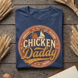 Puede incluir: Una camiseta azul marino con un gráfico circular que dice "CHICKEN Daddy" en un estilo vintage. El gráfico presenta una ilustración de un gallo. La camiseta está colocada sobre una superficie de madera con espigas de trigo y huevos.