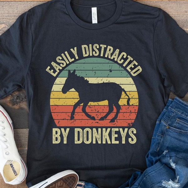 Camisa de burro, fácilmente distraído por burros, regalo divertido para amante del burro, burro vintage retro, camiseta de animal de granja, camisa mula, regalos de chica de granja