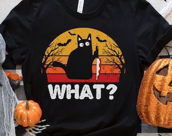 Camisa de gato de Halloween, camisa de gato negro, camisa de gato divertida, temporada espeluznante, camisa de gato qué, gato espeluznante, mamá de Halloween, amante de los gatos, Halloween retro