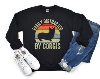 Corgi Sweatshirt, Dog Sweatshirt, Dog Mom Crewneck, Corgi Mom Gift, Dog Lover Sweater, Retro Vintage Corgi, Easily Distracted by Corgis