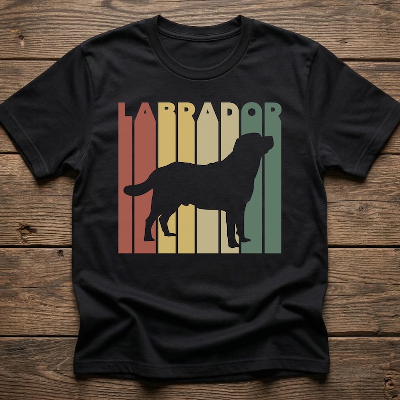Black shirt featuring a retro design with a labrador silhouette and the text "LABRADOR" on top.