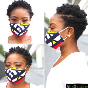 May include: Three photos of a person wearing a face mask with a colorful geometric pattern. The mask is black, white, yellow, and red. The person has short, curly hair.