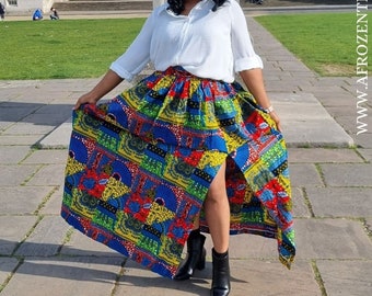 African Print: Green and Blue Ankara Maxi Skirts, Thigh split skirt, Summer Maxi Skirt.