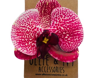 Tropical Freckled Pink Orchid Hair Clip: Beach Wedding Accessory