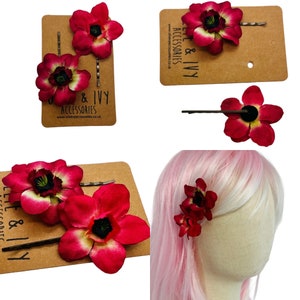 Pretty red cream flower hair pins. X2, Bobby Pins, Hair grips, Summer hair flowers, Wedding, bridesmaid, festival, Gift