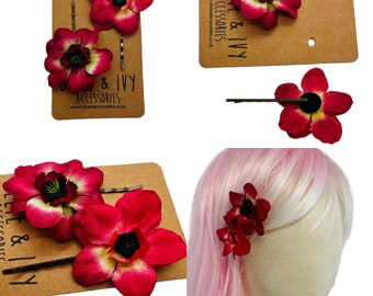 Pretty red cream flower hair pins. X2, Bobby Pins, Hair grips, Summer hair flowers, Wedding, bridesmaid, festival, Gift